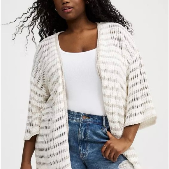 torrid Tops - Torrid Cream and Brown Striped Open-Front Cardigan